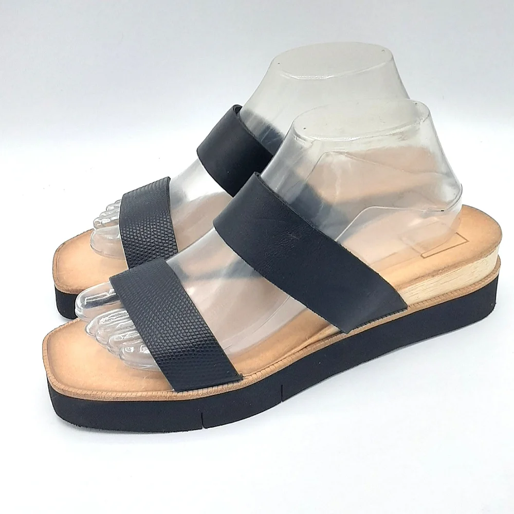 Dolce Vita Black Croc Embossed Double Strap Slip-On Sandal.